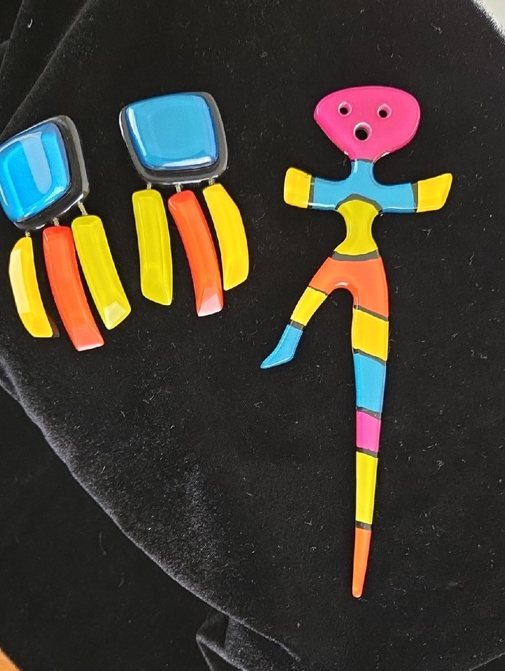 Colorful Retro Statement Acrylic Earrings and Matching Stripped Pin Set.